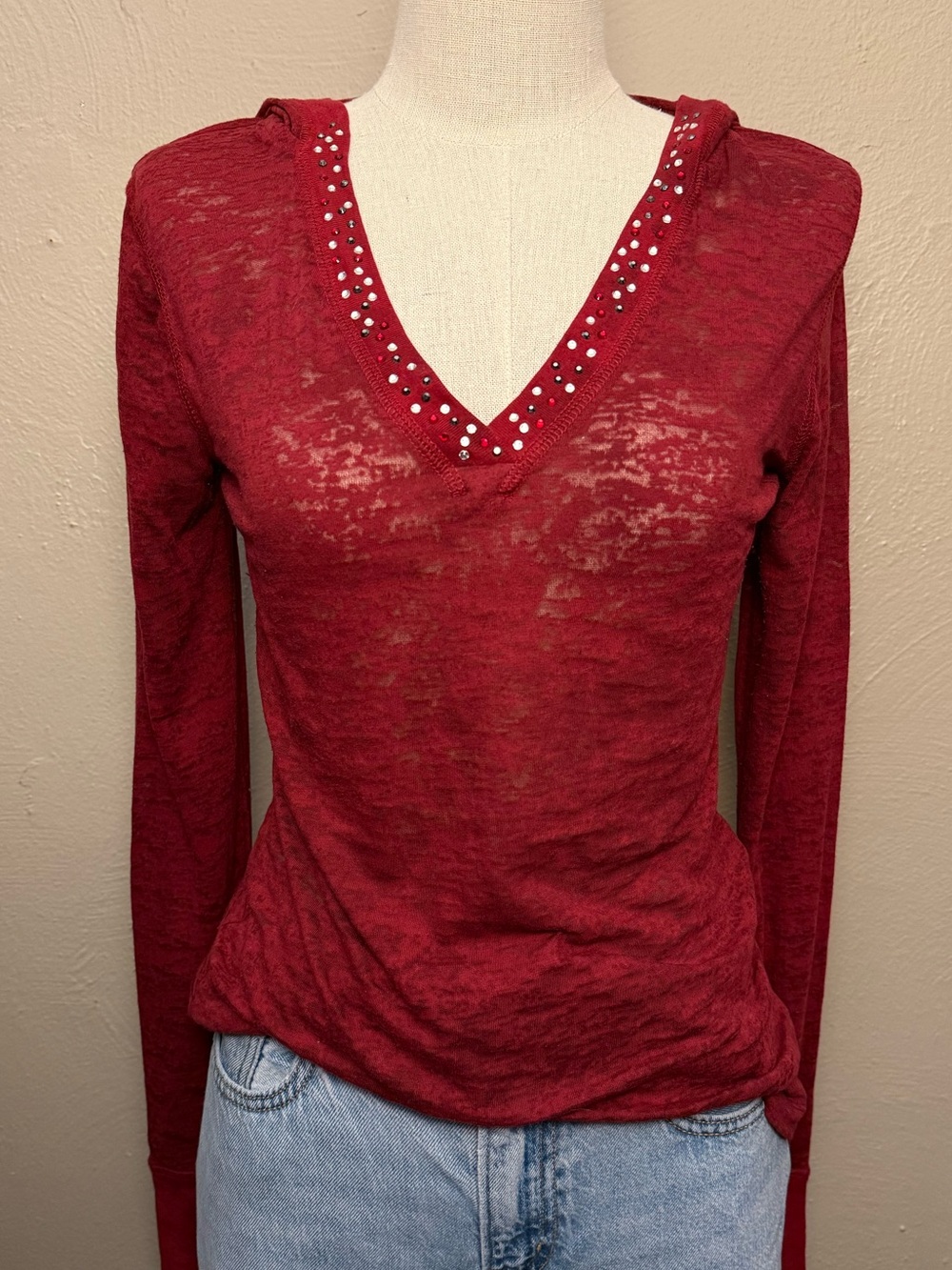 Nine West Y2K Long Sleeve Burnout Rhinestone Vneck Hooded Top Size Small